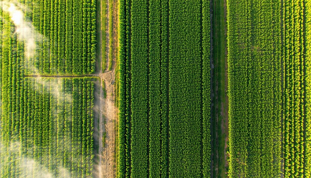 Aerial view of green crop fields divided by dirt paths, with patches of mist or smoke drifting over the landscape.