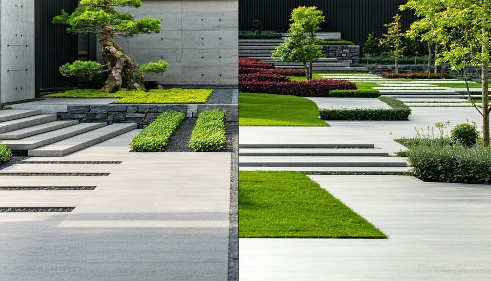 Modern minimalist garden with geometric concrete paths, manicured lawns, trimmed shrubs, and a sculpted tree next to a modern building.
