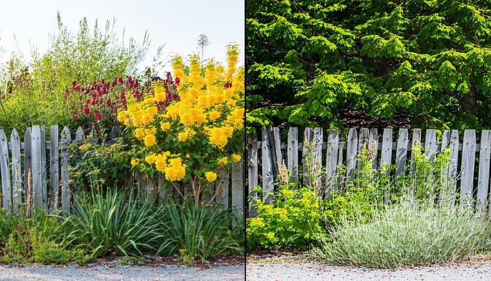 Two adjacent sections of a wooden picket fence with different plant growth: one side has dense yellow and red flowers, the other has green leafy plants and shrubs.