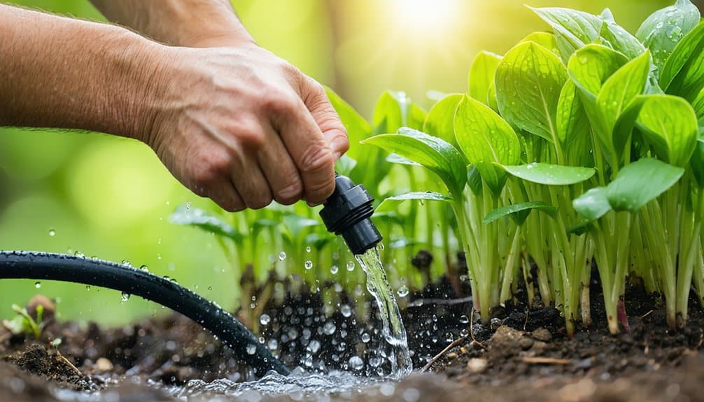 A person adjusts a drip irrigation system to water green plants growing in soil under sunlight.