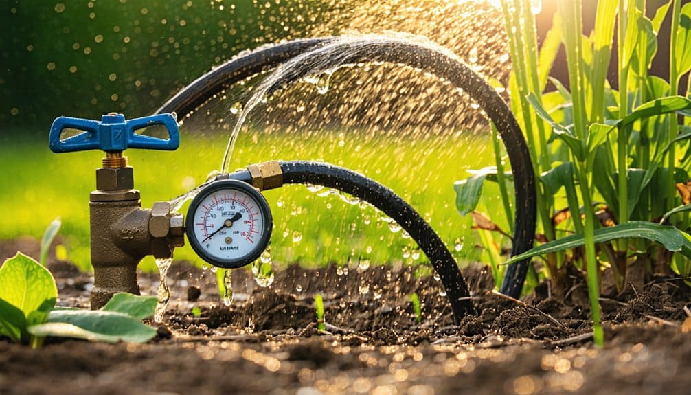 A garden irrigation system with a pressure gauge waters plants in a sunlit garden, spraying water over soil and green leaves.
