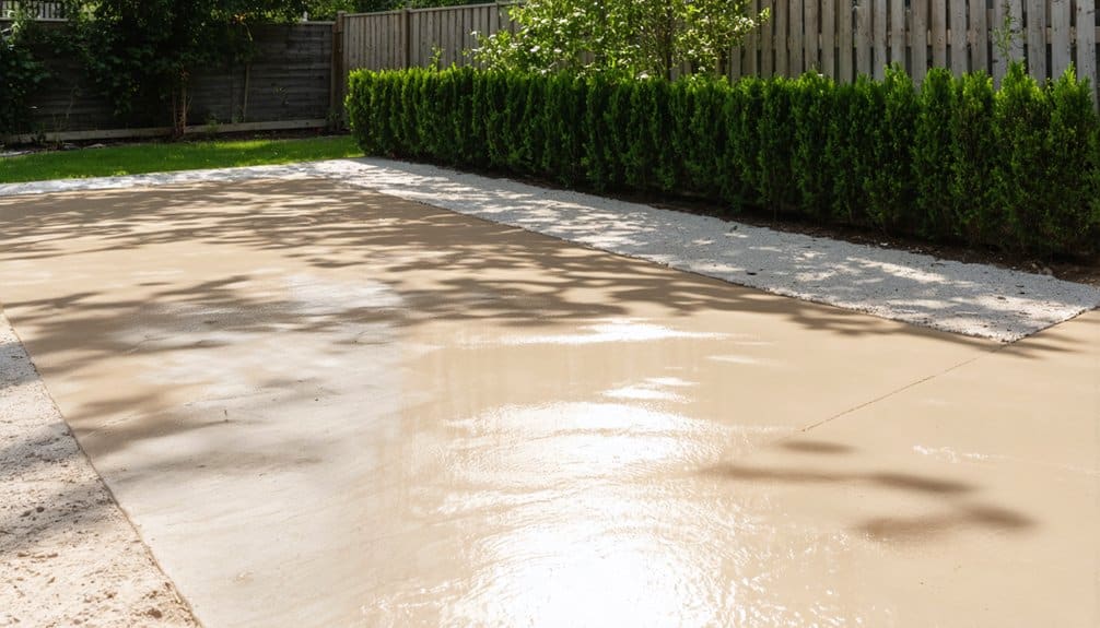 A freshly poured concrete driveway in a backyard, bordered by hedges and a wooden fence, with wet surface reflecting light.