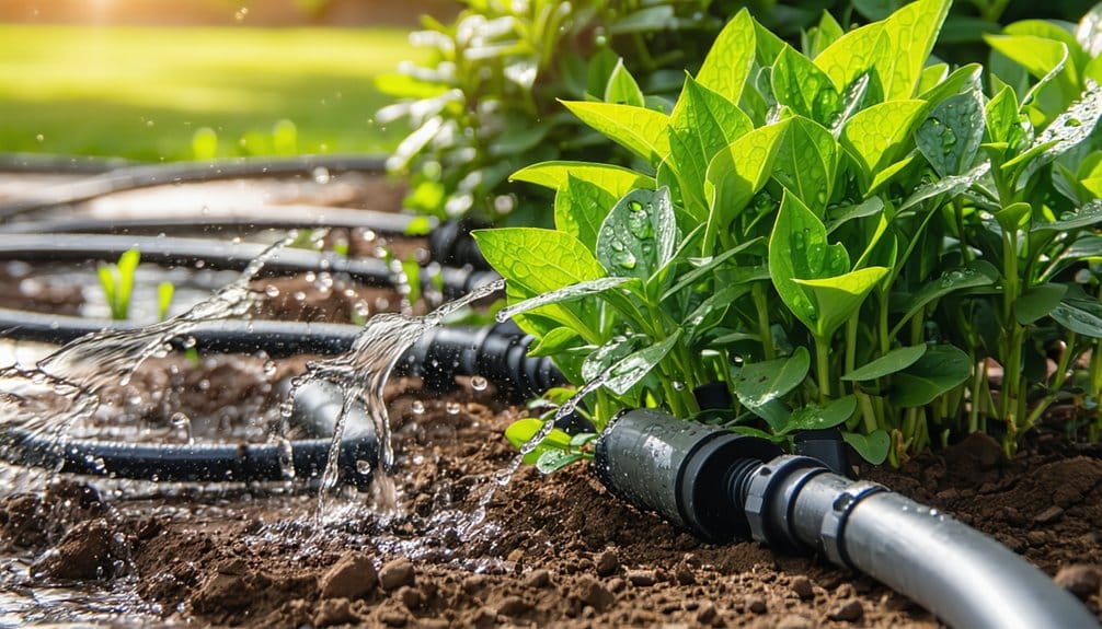 Drip irrigation system watering green plants in a garden bed, with water dripping from hoses onto soil and leaves.