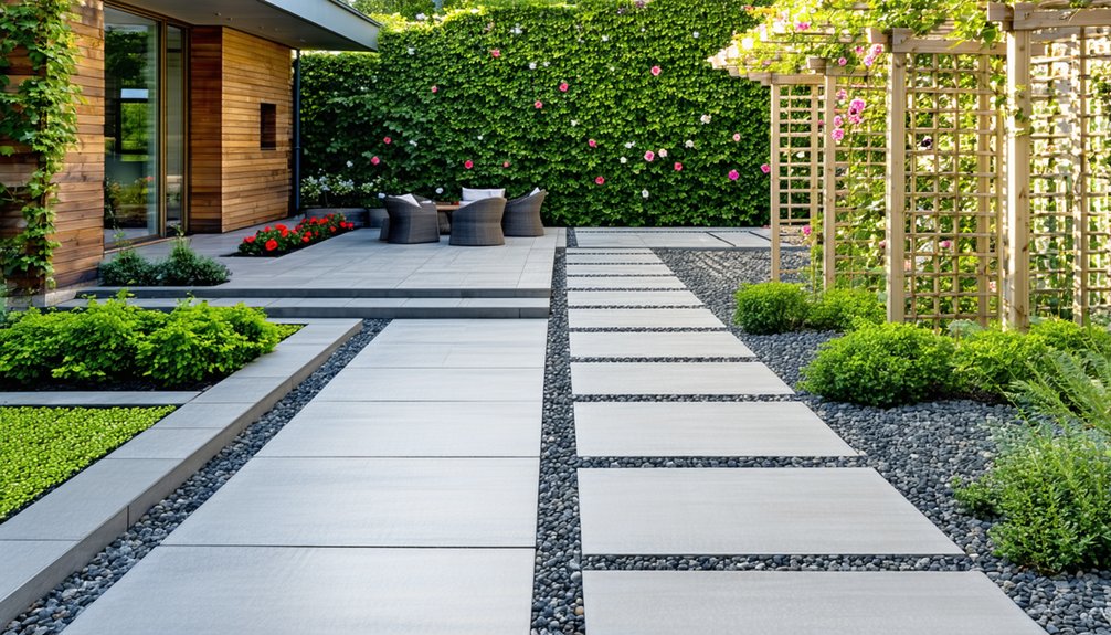 Modern backyard with large concrete pavers, gravel, green shrubs, wooden trellises, a vine-covered wall, and outdoor seating area near a wooden house.