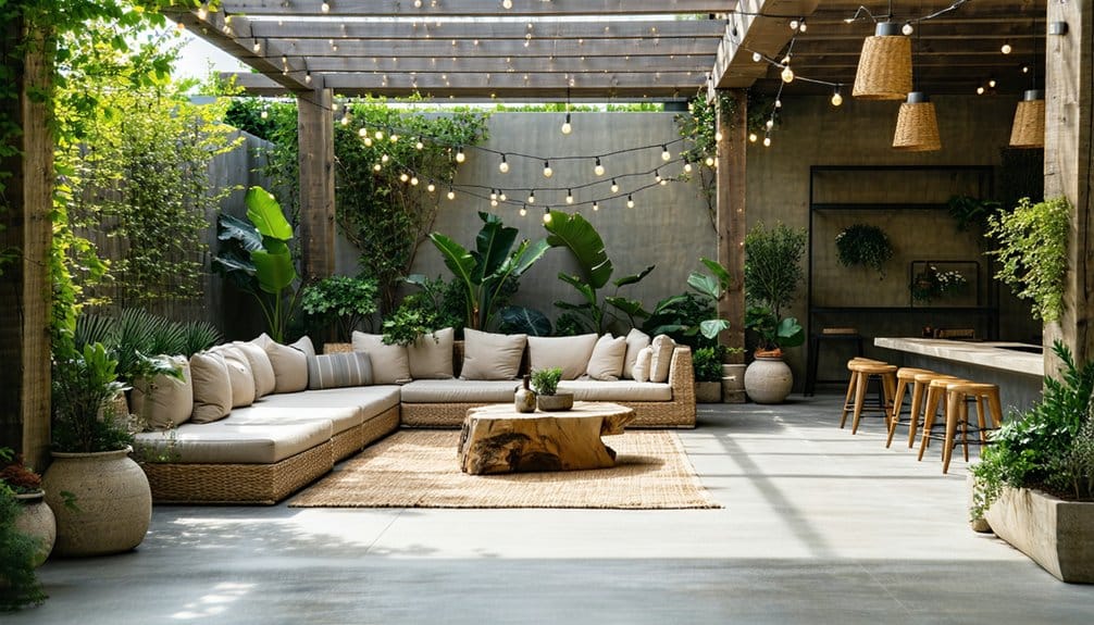 Outdoor patio with wicker sectional sofa, wooden coffee table, string lights overhead, bar area with stools, and green plants in large pots.