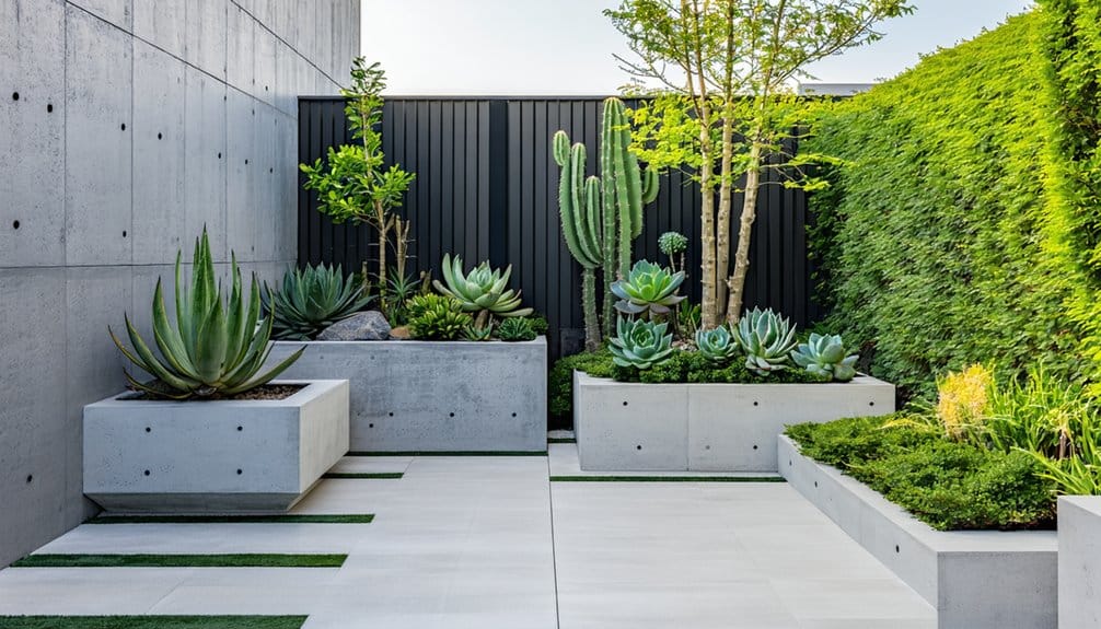 Modern courtyard garden with concrete planters, various succulents, cacti, small trees, and a green hedge along the right side. Light-colored tiles cover the ground.