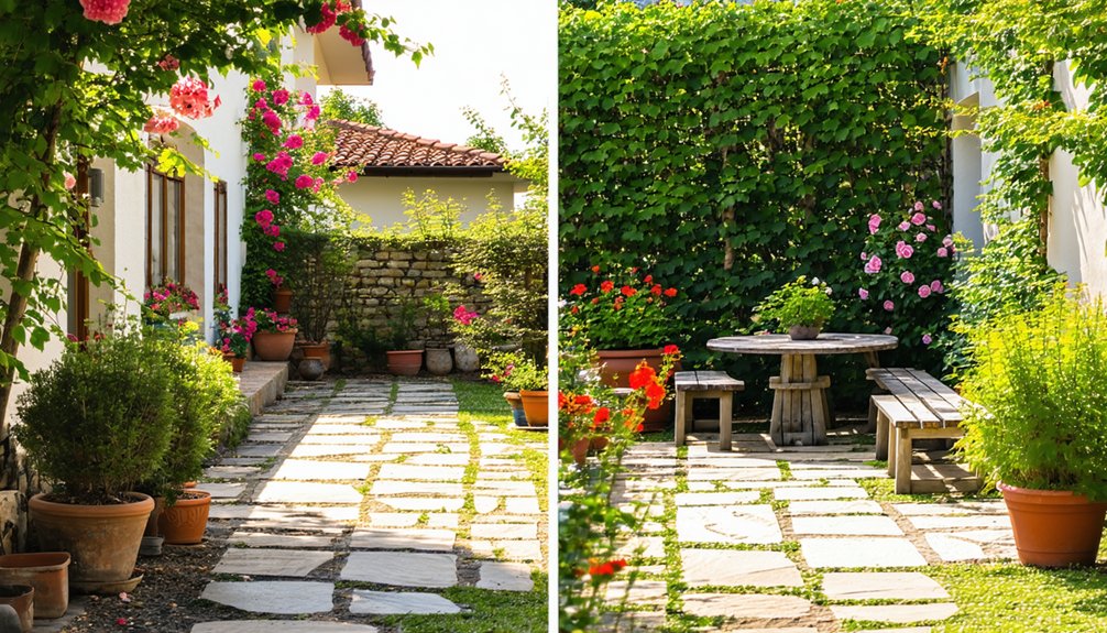 Sunny garden patio with stone path, potted plants, and flowering bushes. Wooden table with benches is set against a green leafy wall and white house exterior.