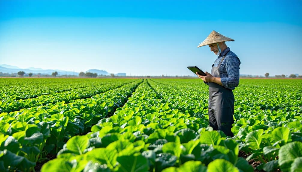 A farmer wearing a conical hat stands in a green vegetable field using a tablet under a clear blue sky.