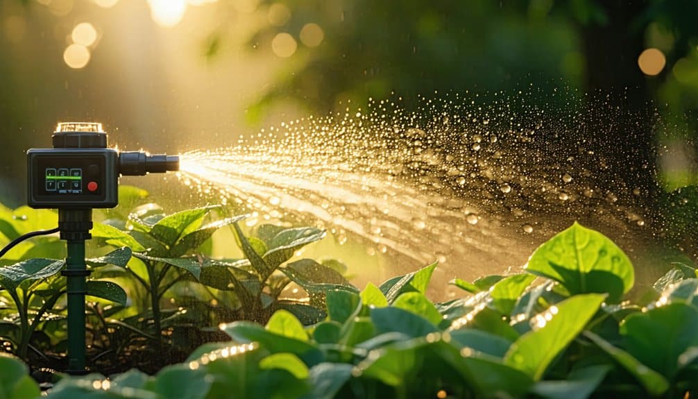 A garden irrigation system waters green plants with a fine spray in sunlight, with a digital timer attached to the sprinkler.