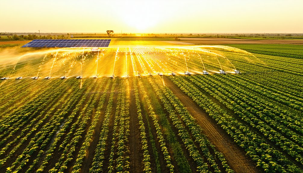 A field of crops being irrigated with sprinklers at sunset, with solar panels visible in the background.