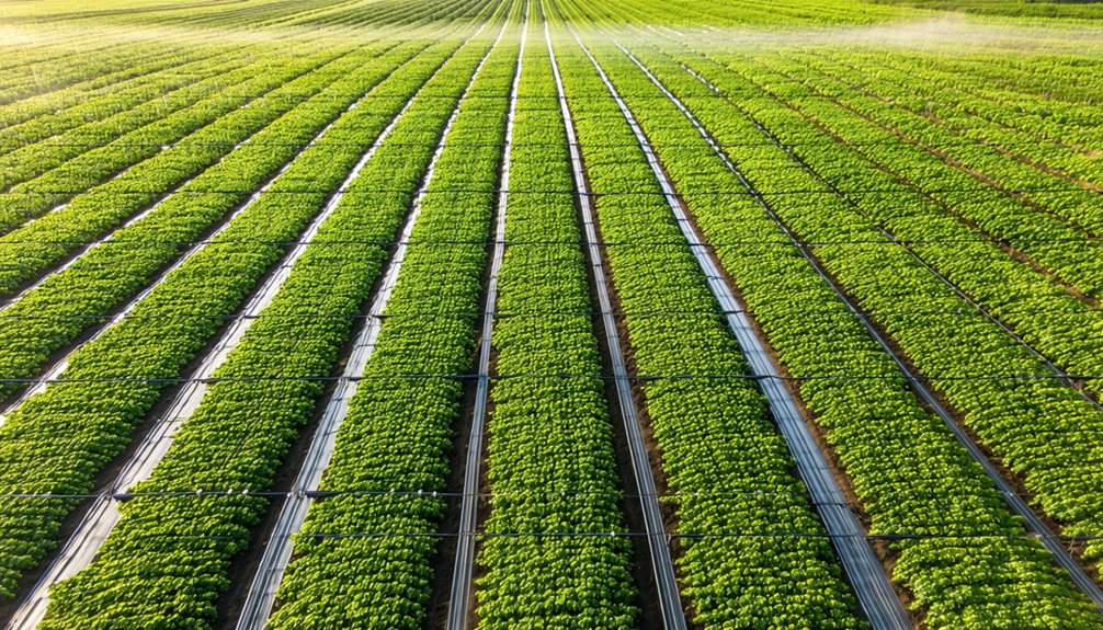 Aerial view of a large agricultural field with rows of green crops and visible irrigation lines running across the planting beds.