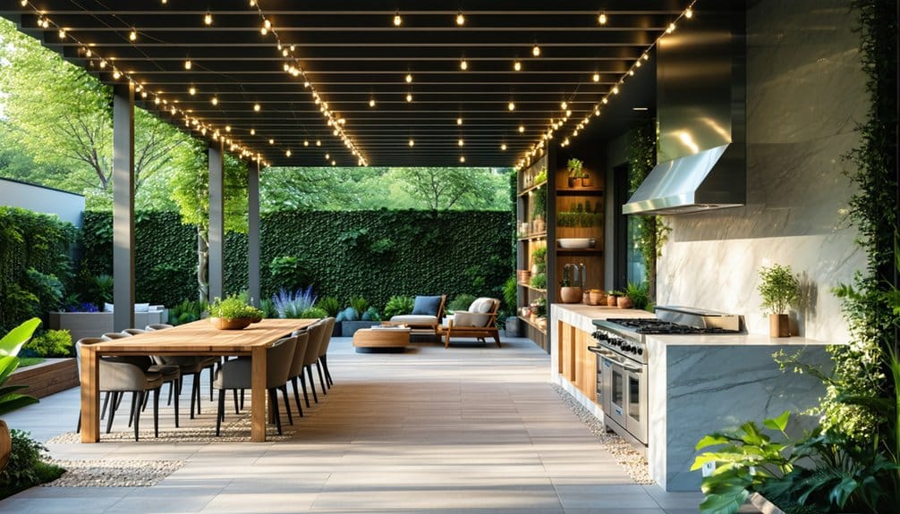 Modern outdoor patio with string lights, dining table, lounge area, and built-in kitchen surrounded by greenery and vertical garden walls.