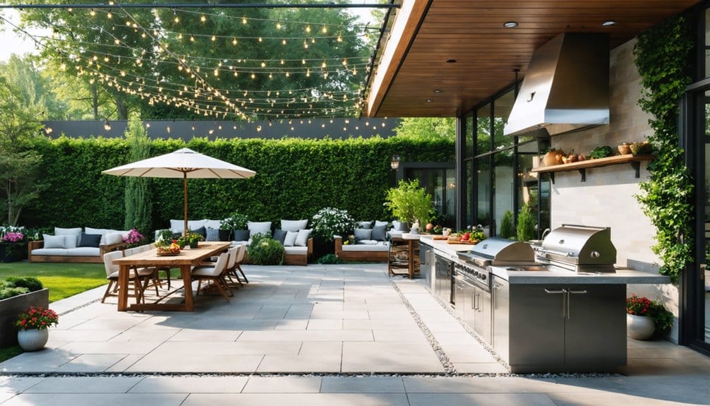 Modern outdoor patio with a stainless steel kitchen, dining table under an umbrella, string lights overhead, and lush green landscaping in the background.