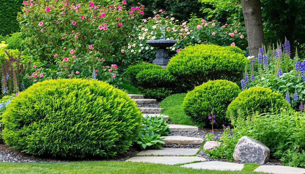 Stone steps lead through a landscaped garden with neatly trimmed bushes, blooming flowers, green foliage, and a birdbath in the background.