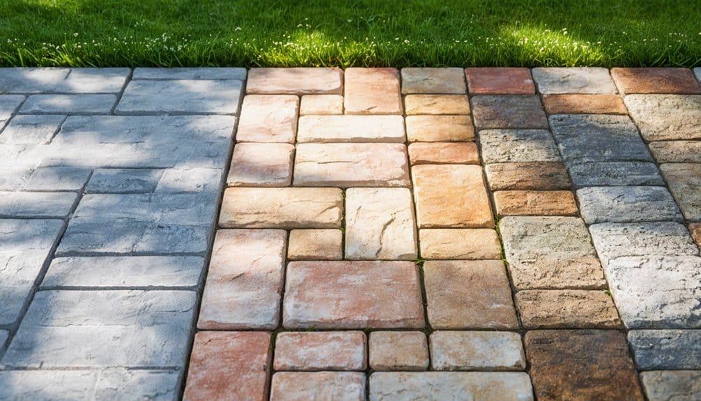 Three sections of stone pavers in different colors and patterns are shown next to a strip of green grass.
