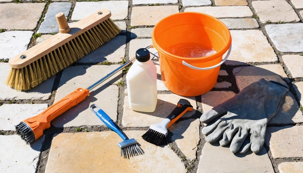 Cleaning supplies for outdoor surfaces, including a broom, bucket with soapy water, gloves, bottle of cleaner, and various brushes, arranged on stone pavers.