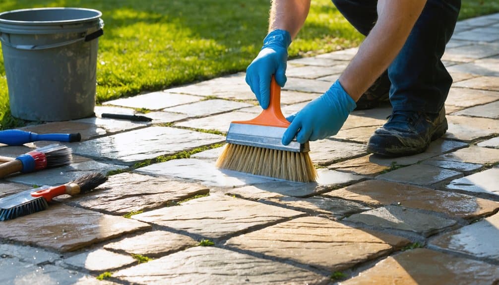 A person wearing blue gloves scrubs a stone patio with a brush; cleaning tools and a bucket are nearby on the ground.