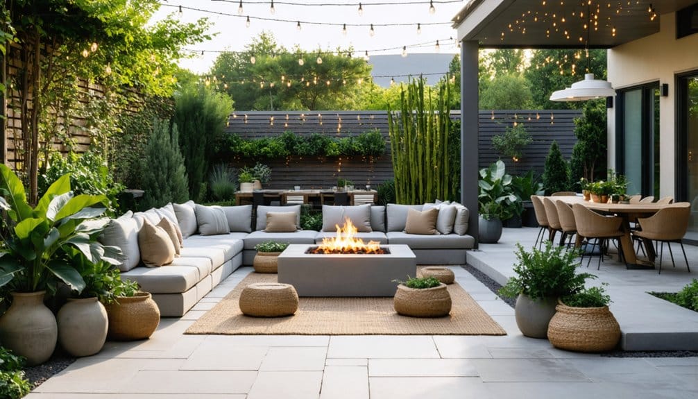 Modern outdoor patio with gray sectional seating around a fire pit, string lights overhead, potted plants, and a dining table in the background.