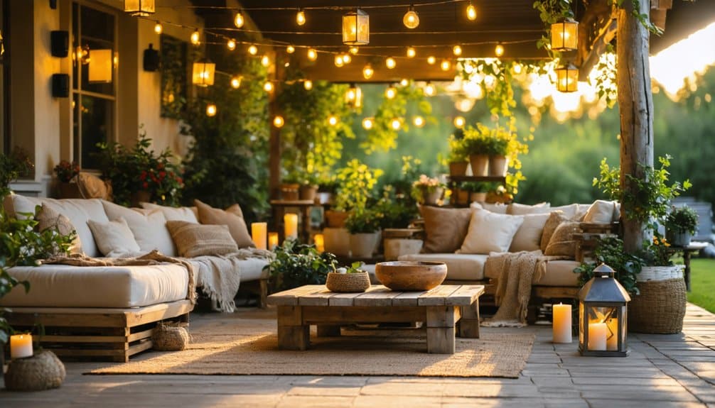 Outdoor patio with cushioned seating, wooden coffee table, potted plants, string lights, and candles at sunset. Cozy and inviting garden setting.