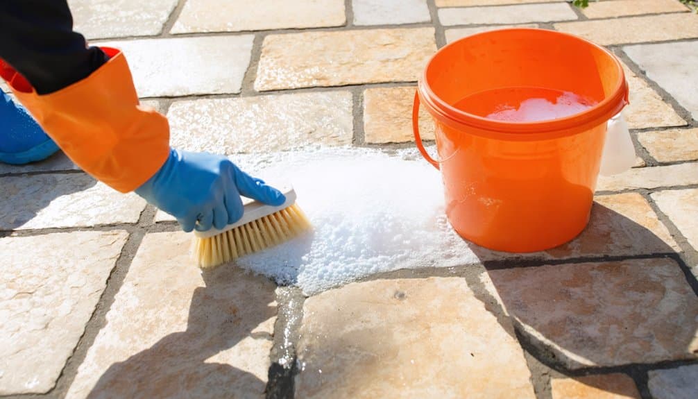 Person wearing blue gloves scrubs soapy water on outdoor tiles with a brush; an orange bucket filled with suds is beside them.