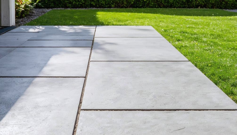 Large, square concrete pavers create a path beside a green lawn with shrubs and mulch visible along the edge.