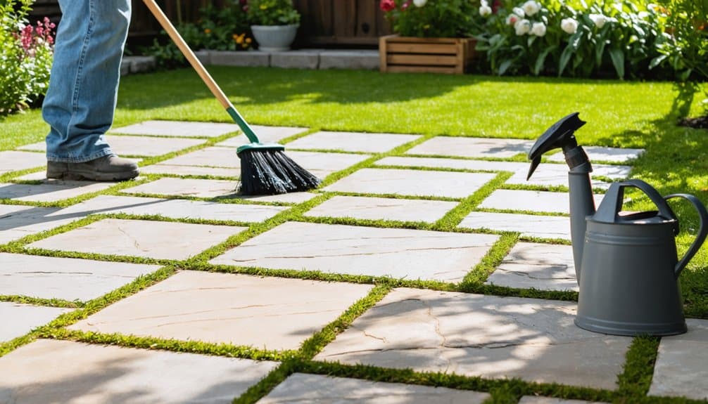 Person sweeping stone patio tiles in a garden, with a watering can placed nearby on the ground. Grass grows between the tiles and plants are visible in the background.