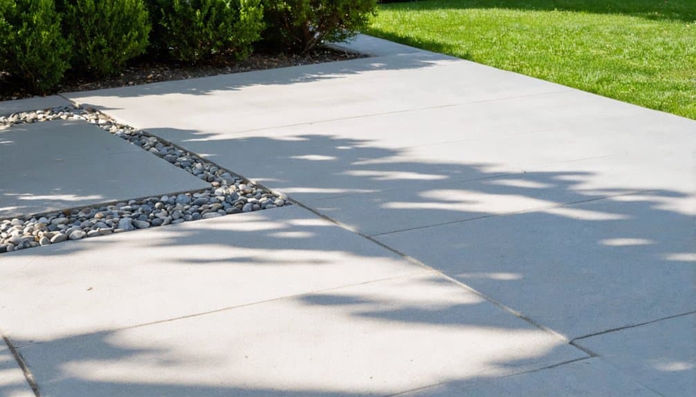 Concrete patio with rectangular sections, a gravel strip, shadows from nearby trees, and green lawn in the background.