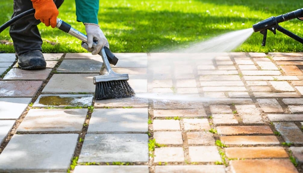 Two people are cleaning outdoor paving stones with a brush and a pressure washer, with water visibly spraying onto the surface.