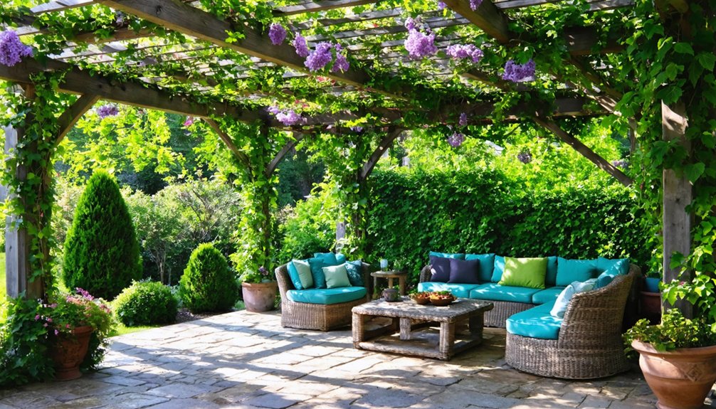 Outdoor patio with wicker furniture and turquoise cushions under a pergola covered in green vines and purple flowers, surrounded by lush greenery.