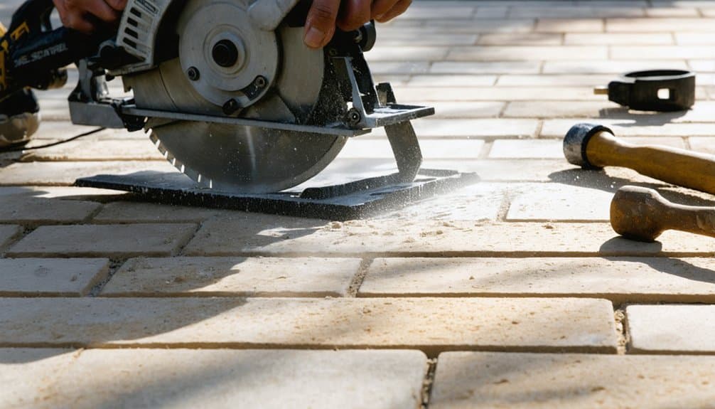 A circular saw is being used to cut a light-colored paving stone, with dust visible around the blade and tools lying nearby.