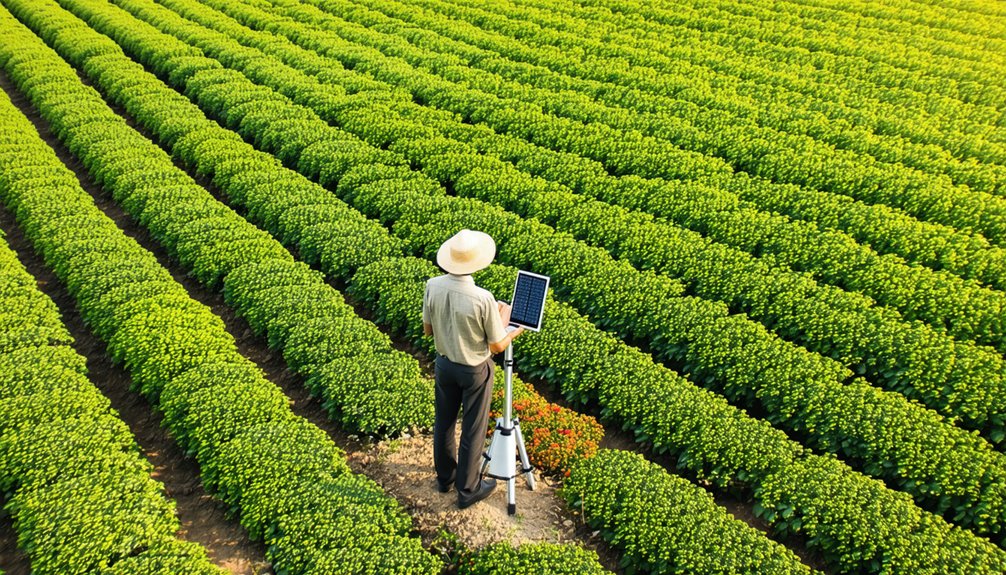 A person in a hat stands in a field of green crops, operating a solar-powered device on a tripod among evenly spaced rows of plants.