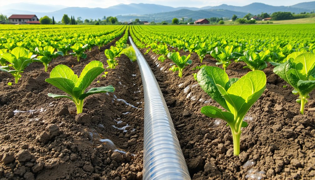 A plastic irrigation pipe runs through rows of young green plants in a cultivated field with houses and mountains in the background.