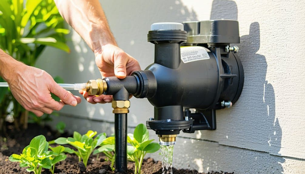 Hands connect a hose to a black irrigation backflow preventer mounted on an exterior wall, with water dripping and green plants in the foreground.