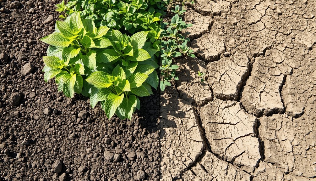 A patch of healthy green plants grows in moist soil on the left, while dry, cracked earth is visible on the right, illustrating a contrast between fertile and arid conditions.