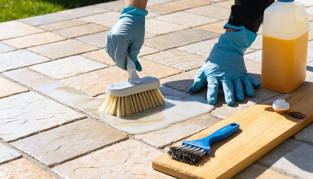 Person wearing blue gloves scrubs outdoor tile floor with a brush, next to cleaning solution, a scrubbing brush, and a wooden board.