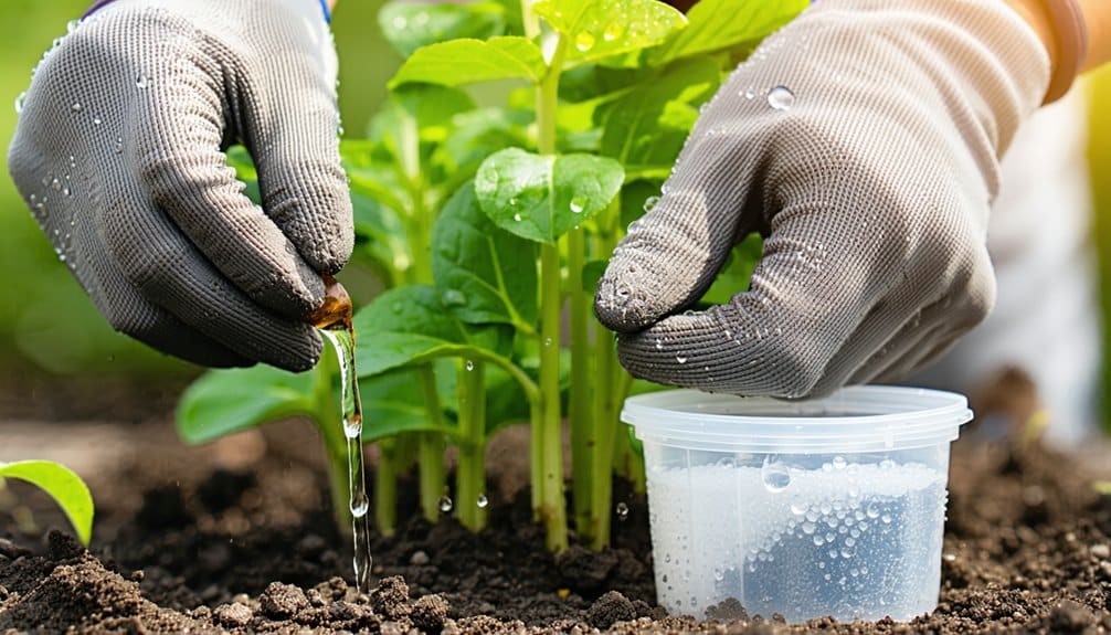 Gloved hands apply liquid fertilizer to soil near green plants, with a plastic container of solution beside the plants in a garden setting.