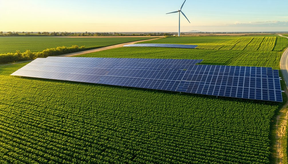 Rows of solar panels and a wind turbine are installed in a green agricultural field under a clear sky.