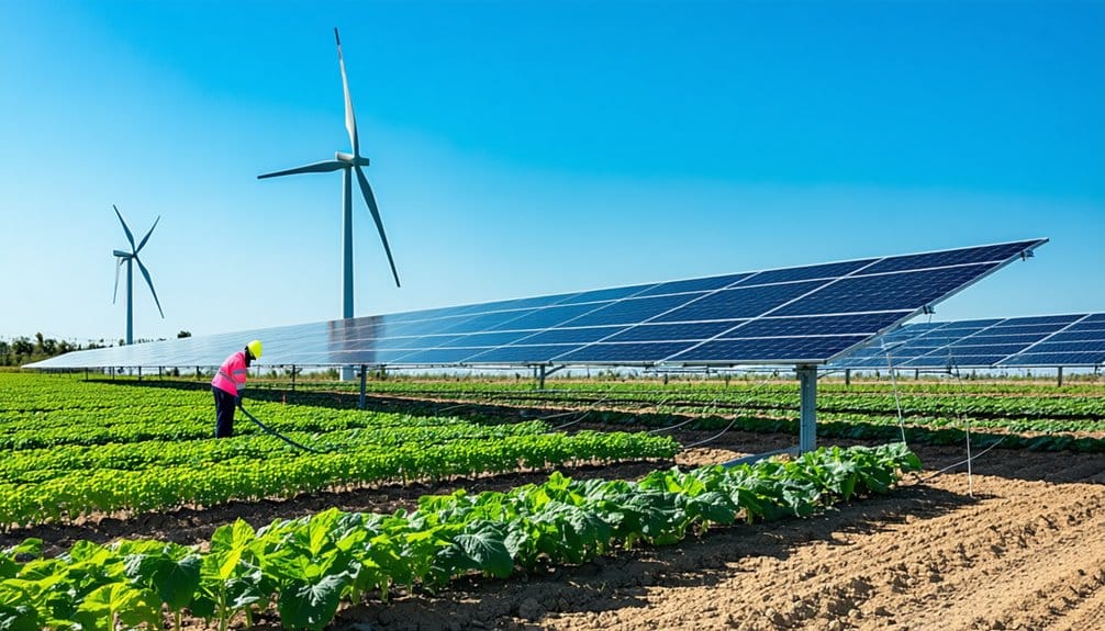 A person waters crops beneath elevated solar panels in a field, with wind turbines visible in the background under a clear blue sky.