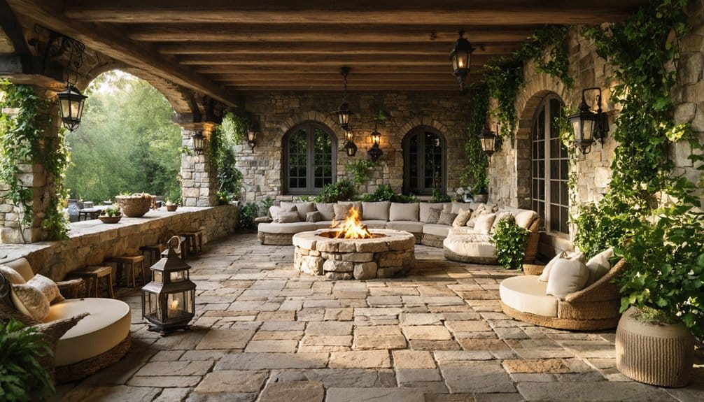 Spacious stone patio with a central circular fire pit, cushioned seating, hanging lanterns, and green vines on walls under a wooden beam ceiling.