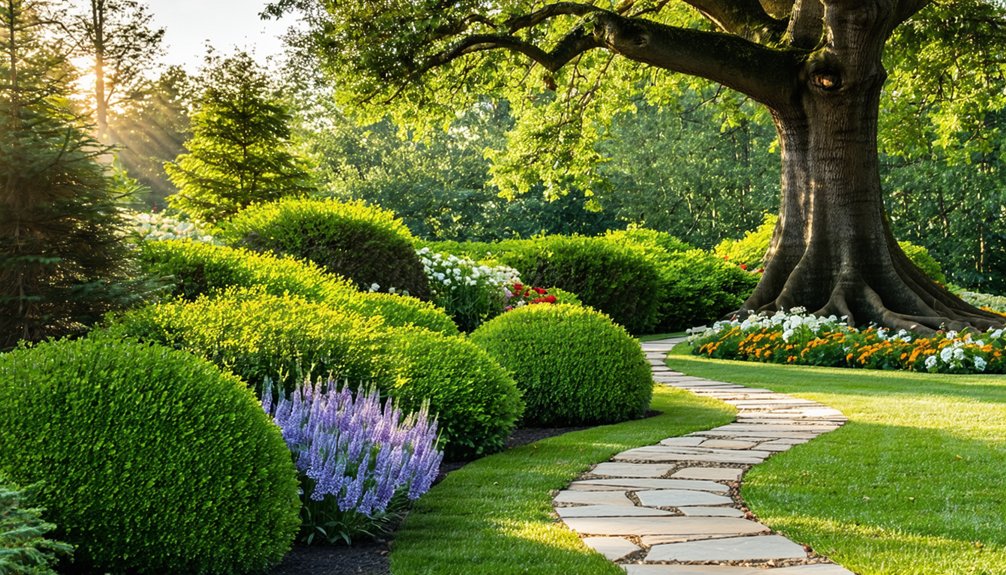 A stone path curves through a landscaped garden with green shrubs, purple flowers, orange and white blooms, and a large tree under sunlight.