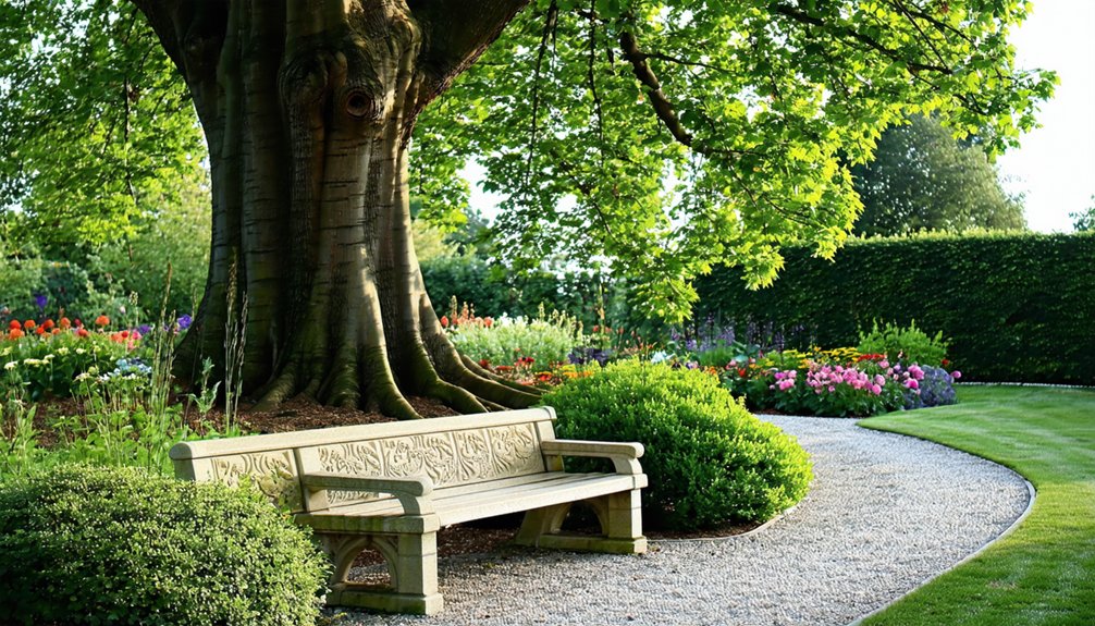 A stone bench sits beneath a large tree beside a curved gravel path in a well-maintained garden with shrubs and colorful flowers.
