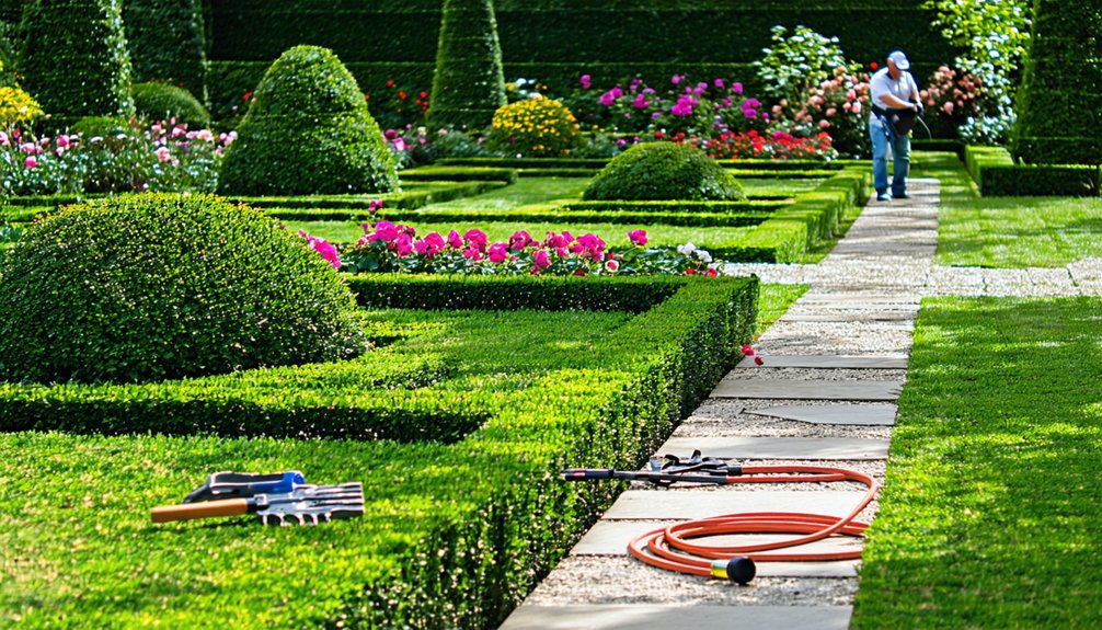 A formal garden with trimmed hedges, flower beds, and gardening tools scattered on the path; a person stands in the background.