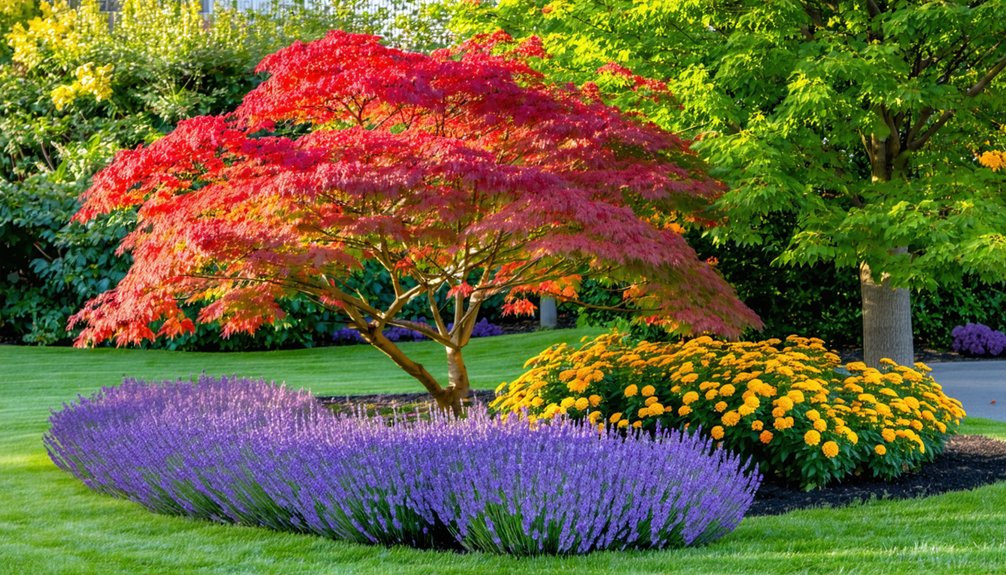 A landscaped garden with a red-leafed tree, purple lavender flowers in the foreground, and yellow-orange flowers next to a green-leafed tree.