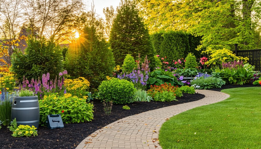 A curved brick path runs through a landscaped garden with various flowering plants, shrubs, trees, and a rain barrel, with sunlight shining through the background.