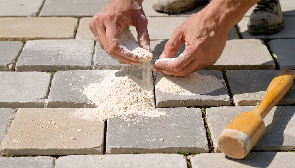 A person spreads sand or powder between paving stones with their hands, next to a rubber mallet, during the installation of a stone walkway.
