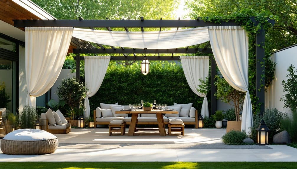 An outdoor patio features a wooden pergola with white curtains, a dining table set with chairs, cushioned seating, green plants, and soft lighting.