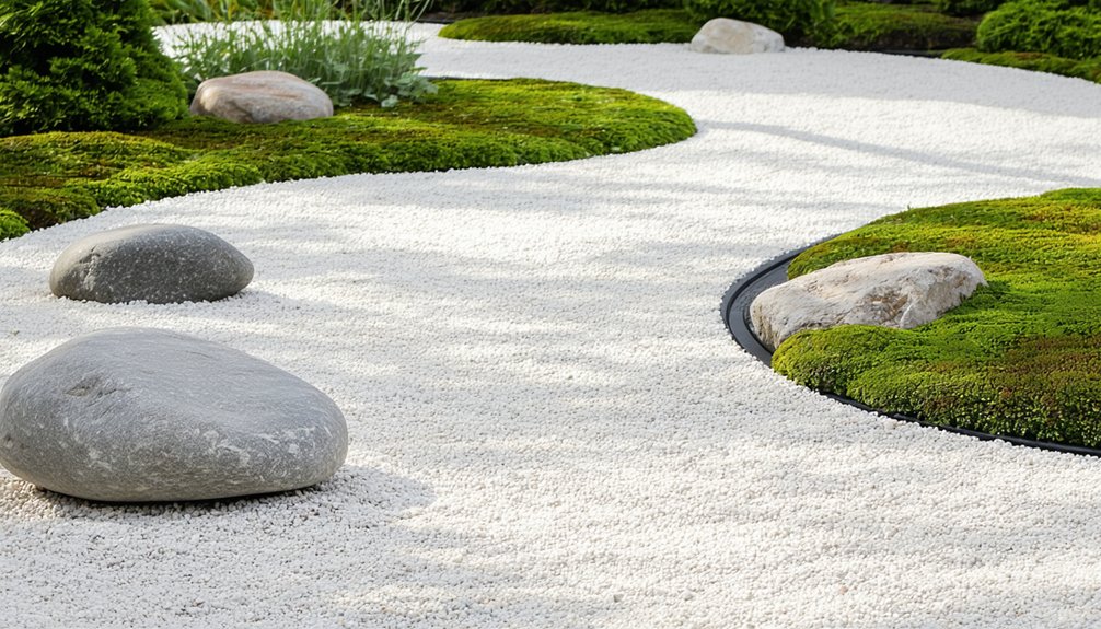 A curved path of white gravel winds through a garden with patches of moss and several large smooth rocks.