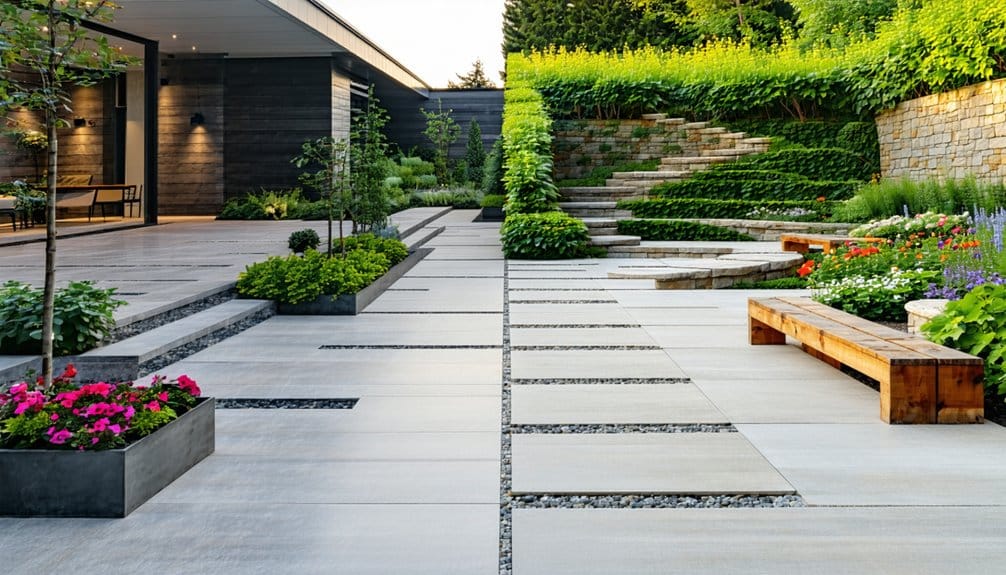 Modern landscaped backyard with large stone pavers, wooden benches, raised flower beds, green shrubs, and terraced garden steps.