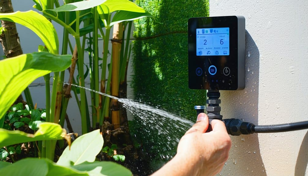 A person adjusts a smart irrigation control panel mounted outdoors, with water spraying onto nearby plants.