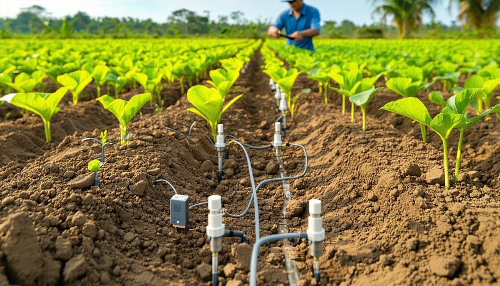 Rows of young plants in a field with soil moisture sensors and drip irrigation tubes; a person works in the background.
